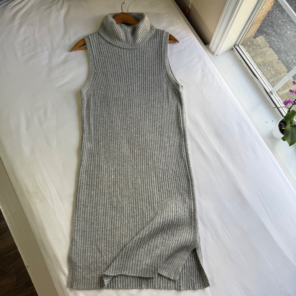 Gap Womens Merino Wool Blend Ribbed Sleeveless Turtleneck Sweater Dress Grey L